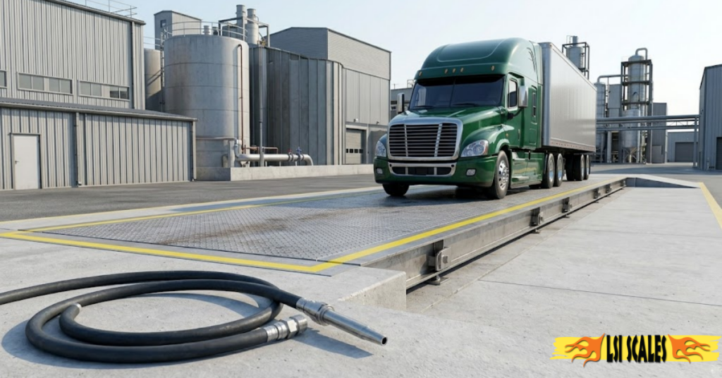 Truck Scale Rental vs. Purchase: What's Right for Your Operation? 2 Semi-truck driving onto a full-deck truck scale at an industrial facility