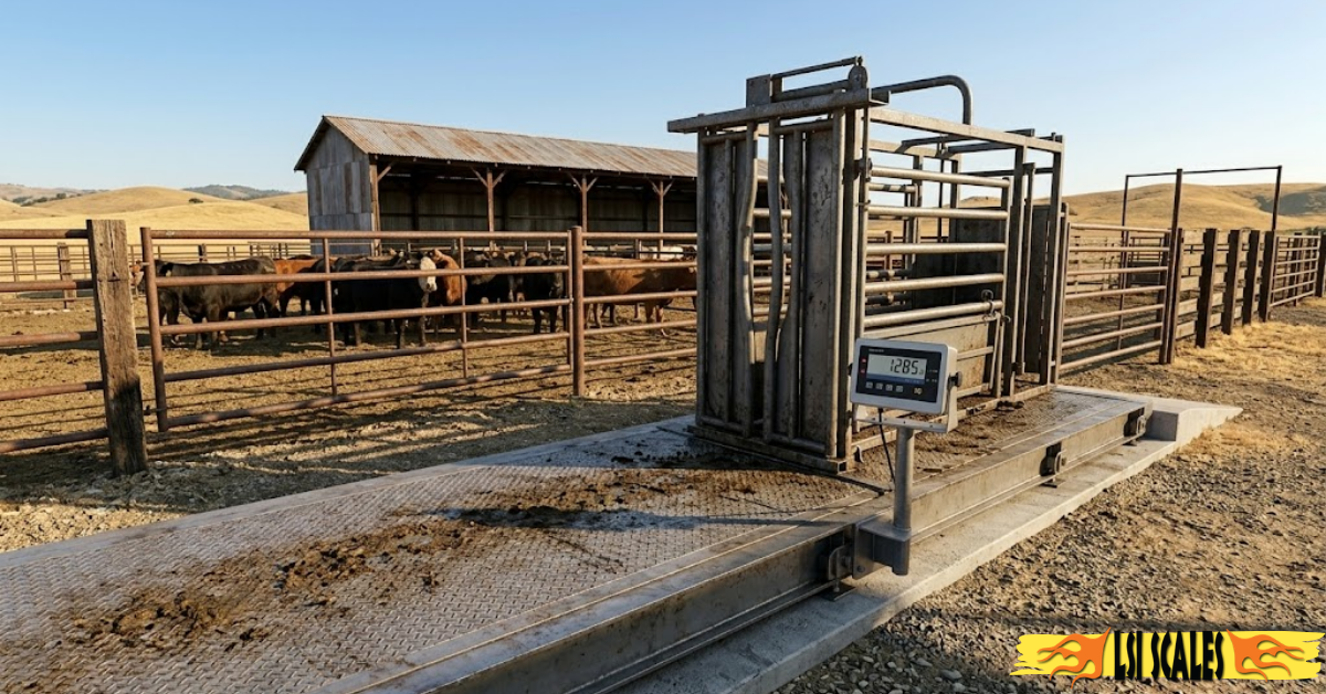 Cattle being weighed on a livestock chute scale at a ranch in California