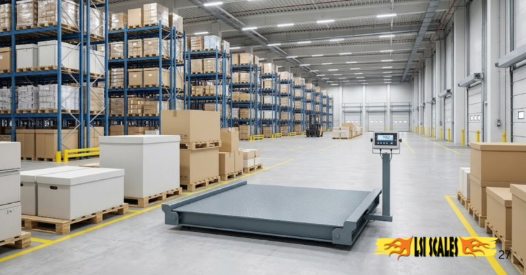 How to Choose an Industrial Floor Scale for Your Warehouse 6 Industrial floor scale in a warehouse setting with digital weight indicator