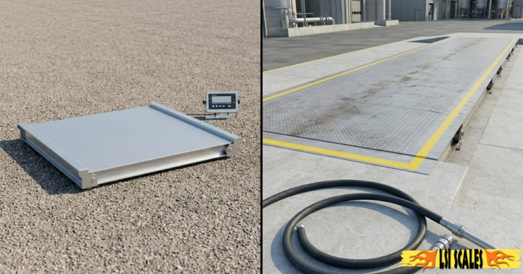 Comparison of a portable axle scale pad and a permanent full-deck truck scale Comparison of a portable axle scale pad and a permanent full-deck truck scale