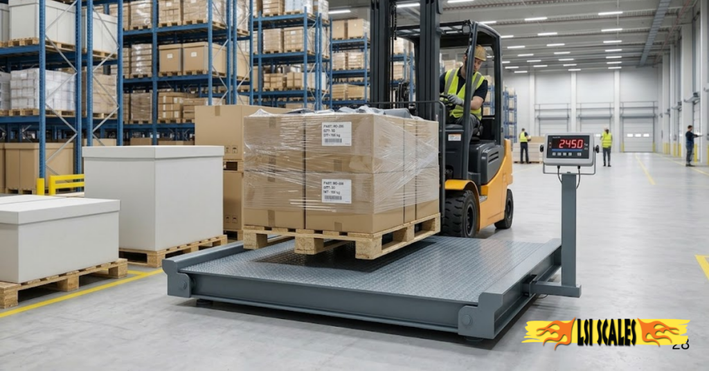 Forklift loading a heavy pallet onto an industrial floor scale in a warehouse