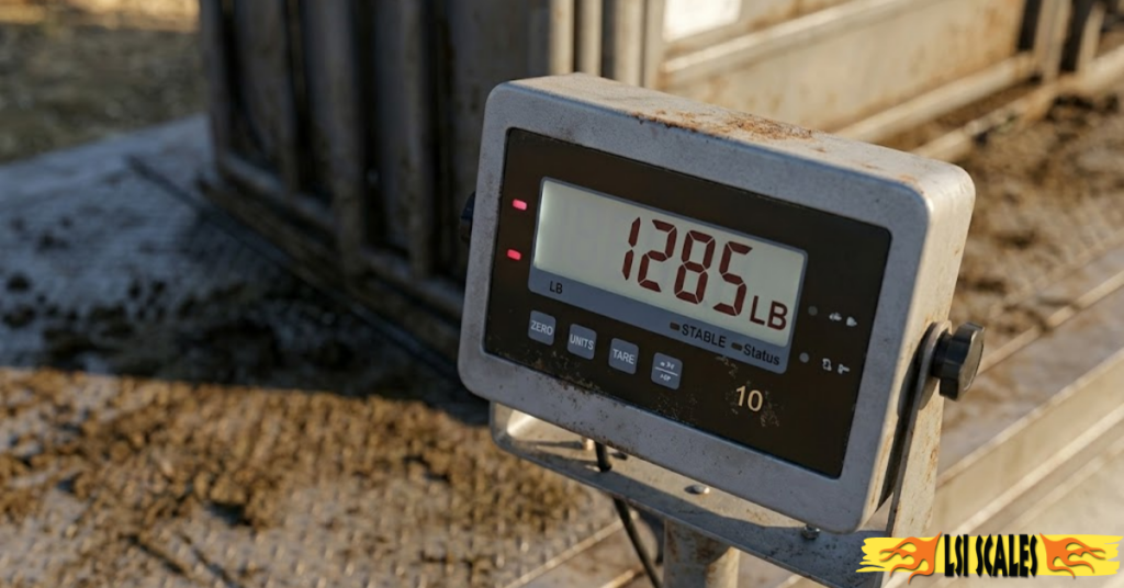 Digital livestock scale indicator display showing a weight reading on a cattle scale Digital livestock scale indicator display showing a weight reading on a cattle scale