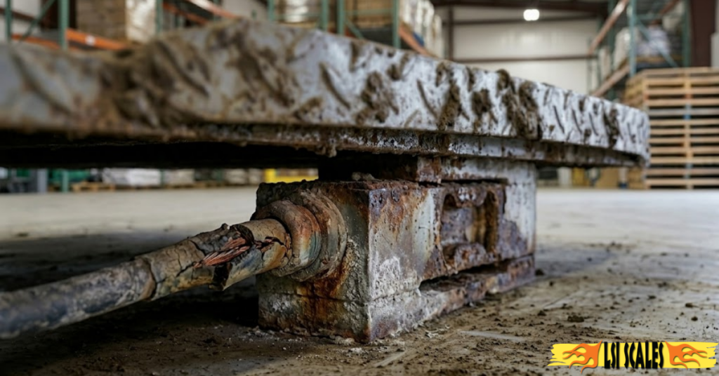Corroded industrial scale load cell showing moisture damage from neglected maintenance