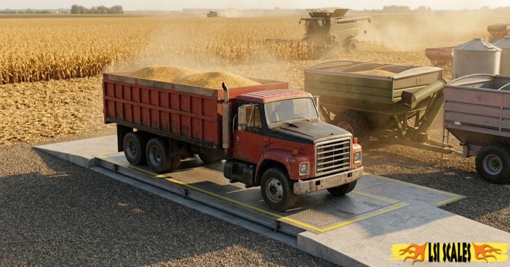Portable truck scale in use at an agricultural harvest site in California Portable truck scale in use at an agricultural harvest site in California