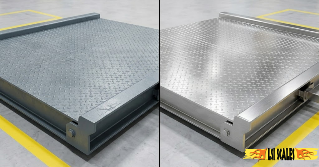 Comparison of painted carbon steel and stainless steel industrial floor scale platforms