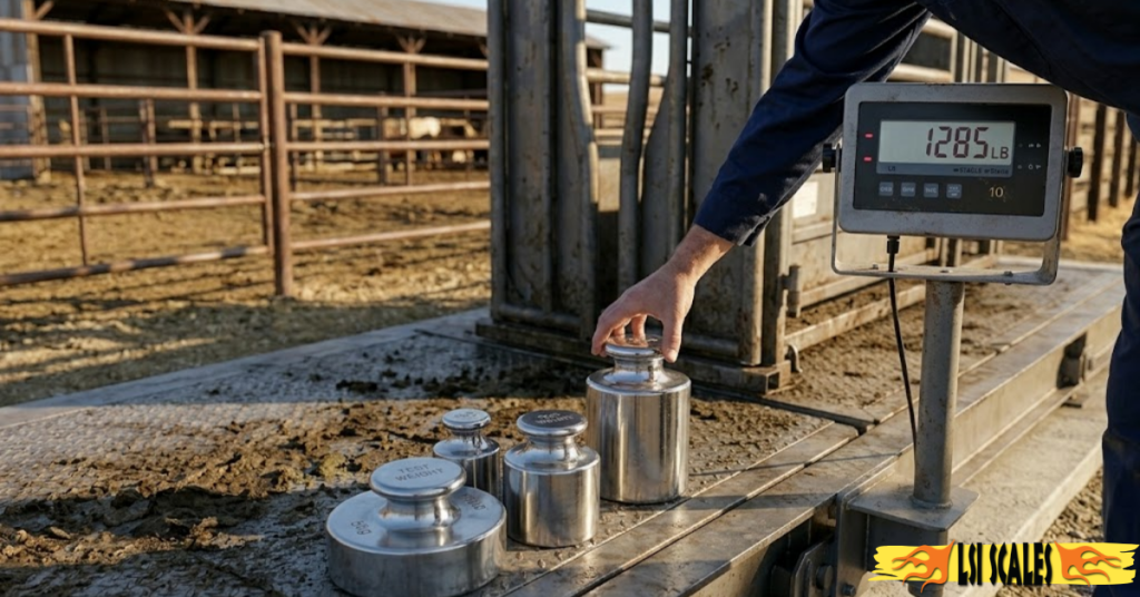 Scale technician placing calibration test weights on a livestock scale during a farm calibration service Scale technician placing calibration test weights on a livestock scale during a farm calibration service