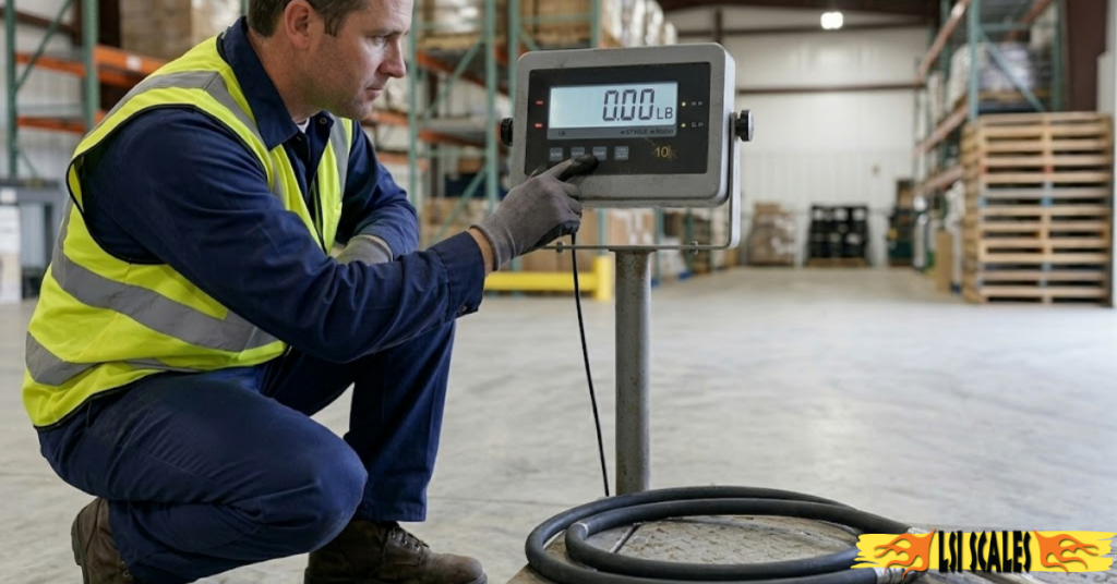 Warehouse operator performing a zero check on an industrial floor scale indicator