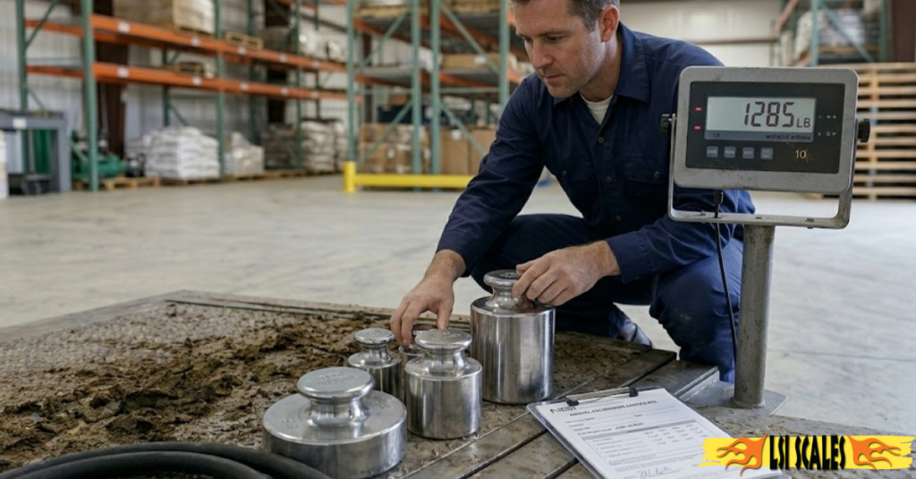 Certified scale technician placing NIST calibration test weights on an industrial floor scale during annual maintenance