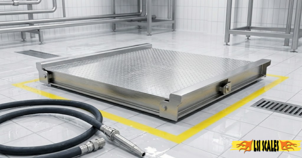 Stainless steel industrial floor scale in a washdown food processing environment