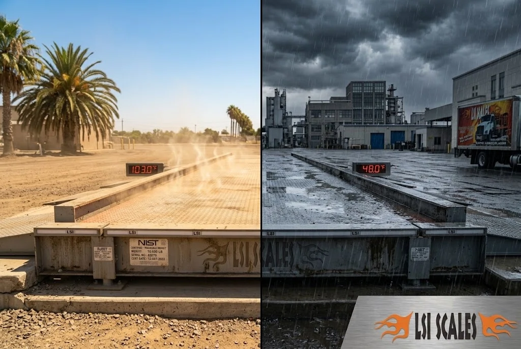 Truck Scale Not Weighing Correctly? 7 Common Causes & How to Fix Them 8 California climate impact on truck scale accuracy showing extreme summer heat and winter rain conditions affecting weighing system performance in the Central