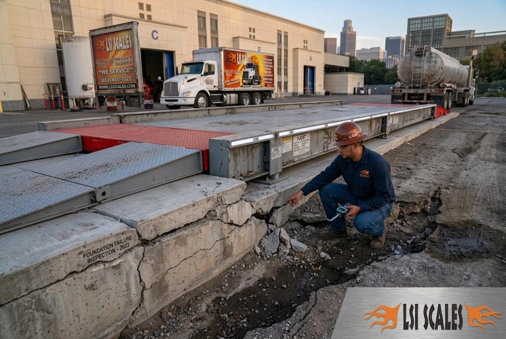 Truck Scale Not Weighing Correctly? 7 Common Causes & How to Fix Them 6 Cracked concrete foundation and settlement damage under a truck scale causing structural instability and chronic calibration errors at a California industrial