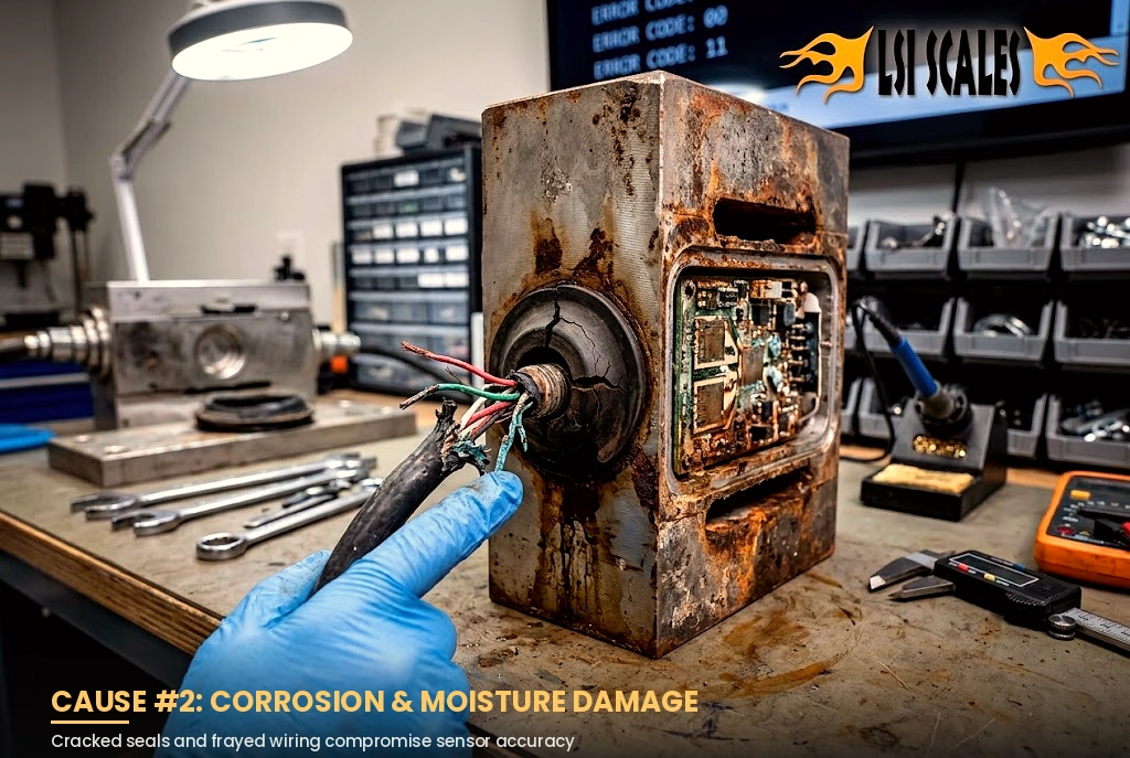 Truck Scale Not Weighing Correctly? 7 Common Causes & How to Fix Them 4 Damaged load cell showing rust, corrosion, and moisture intrusion from a commercial truck scale requiring professional repair and
