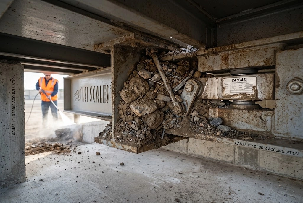 Truck Scale Not Weighing Correctly? 7 Common Causes & How to Fix Them 3 LSI Scales service vehicle with heavy-duty crane testing a portable truck scale deck at an outdoor industrial