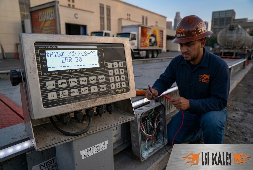 Truck Scale Not Weighing Correctly? 7 Common Causes & How to Fix Them 9 Malfunctioning truck scale digital indicator displaying error messages and garbled readings from junction box failure requiring professional diagnosis and