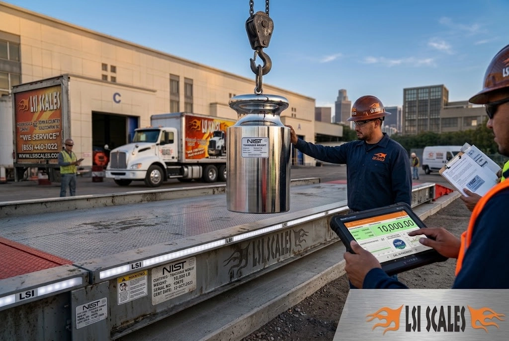Truck Scale Not Weighing Correctly? 7 Common Causes & How to Fix Them 5 NIST-certified calibration technician placing certified test weights on a truck scale to detect and correct calibration drift and ensure legal-for-trade