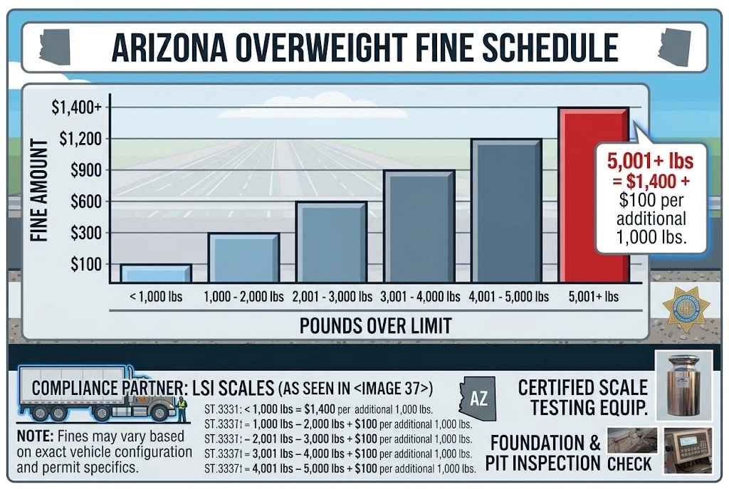 DOT Weight Limits & Overweight Fines: What California & Arizona Fleets Need to Know 4 Arizona overweight fine schedule chart showing penalties from $100 to $1,400+ based on pounds over legal