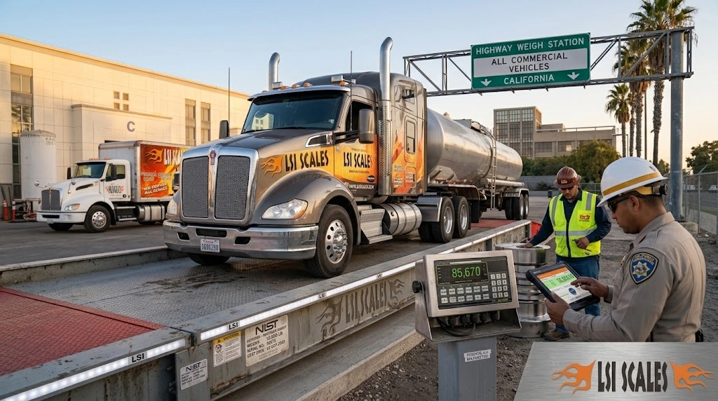 DOT Weight Limits & Overweight Fines: What California & Arizona Fleets Need to Know 2 Commercial truck being weighed at California DOT weigh station with CHP officer inspecting digital scale