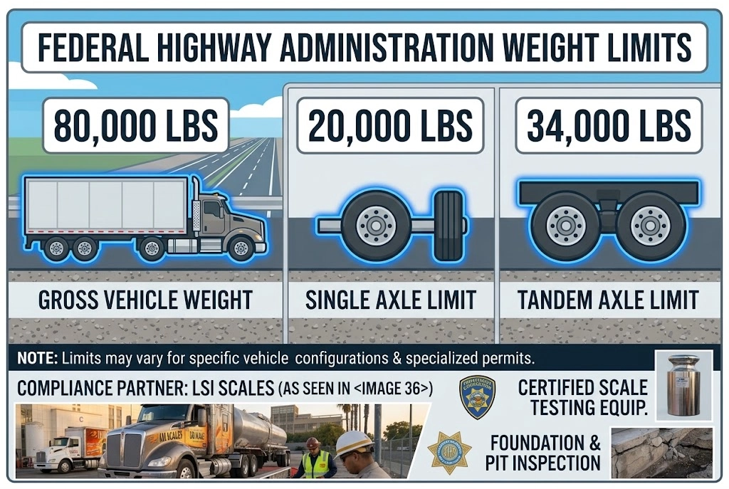 DOT Weight Limits & Overweight Fines: What California & Arizona Fleets Need to Know 3 Infographic showing federal truck weight limits 80,000 lbs gross vehicle weight, 20,000 lbs single axle, 34,000 lbs tandem