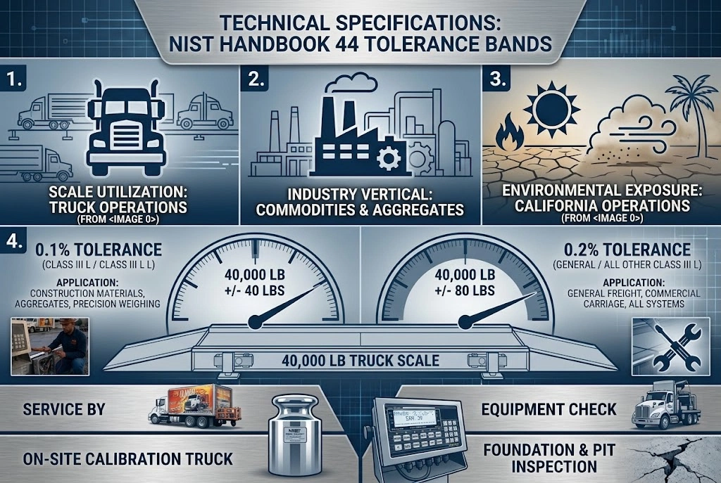 Truck Scale Calibration Frequency: How Often Is Often Enough? 4 NIST Handbook 44 tolerance bands for truck scales 0.1% for construction materials, 0.2% for general