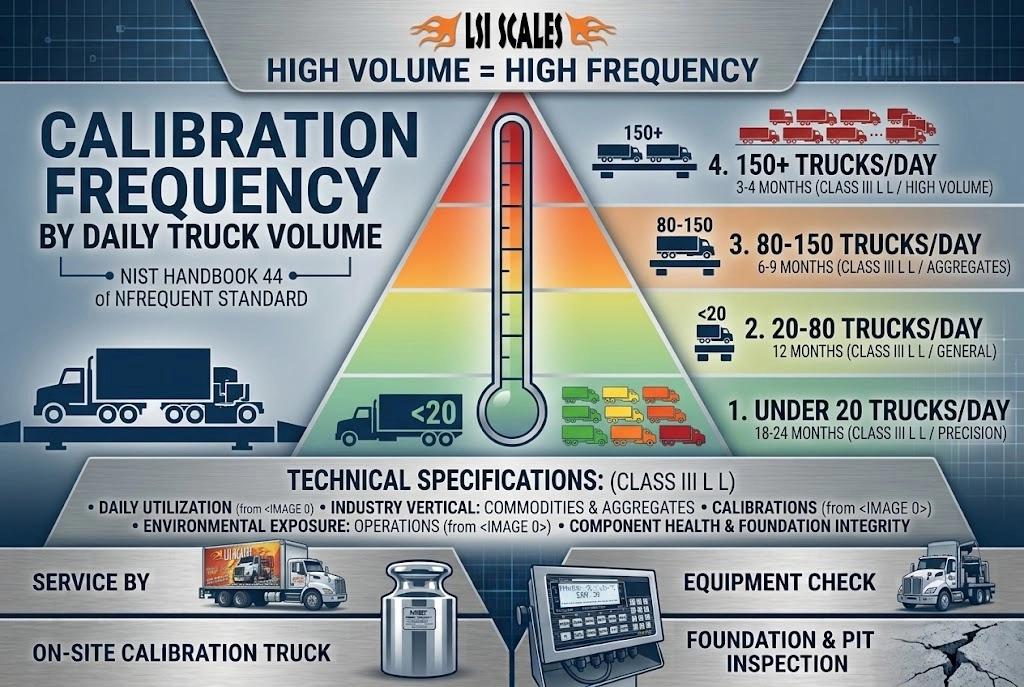 Truck Scale Calibration Frequency: How Often Is Often Enough? 5 Truck scale calibration frequency chart by daily volume 18-24 months for low volume, 3-4 months for high volume