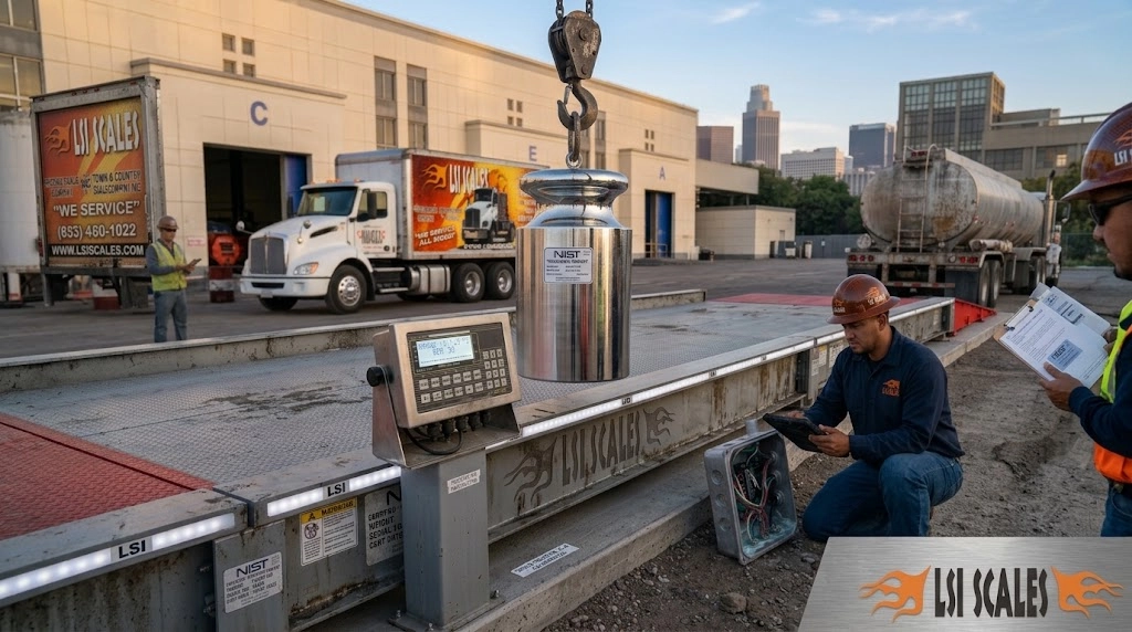 Truck Scale Calibration Frequency: How Often Is Often Enough? 2 Truck scale calibration frequency guide showing NIST-certified technician performing calibration on commercial weighbridge in