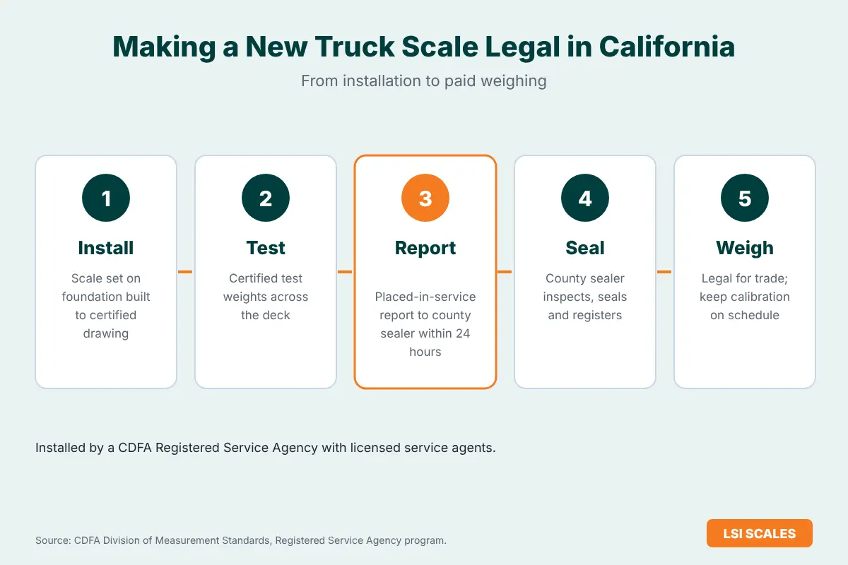 Truck Scale Installation & Replacement in California 6 Five steps to make a new truck scale legal for trade in California: install, test, placed-in-service report, county seal, weigh