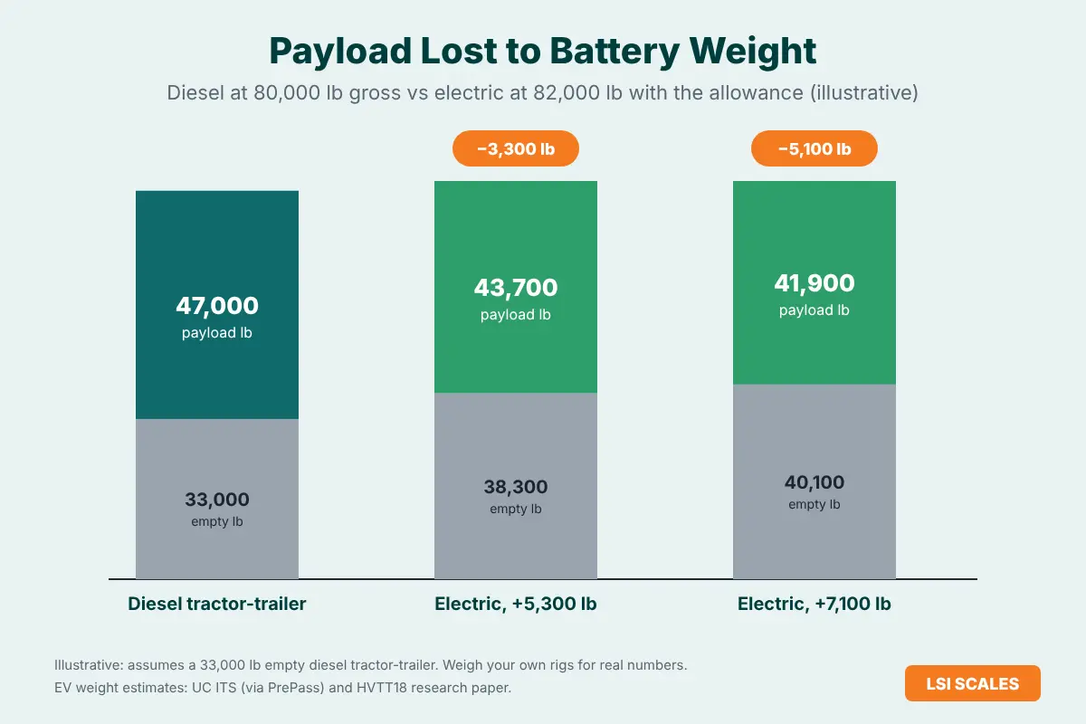 Electric Truck Weight Limits in California (2026): The 2,000 lb Allowance, Axle Loads and What It Means for Your Truck Scale 5 Chart showing payload lost to battery weight: diesel 47,000 lb versus electric trucks at 43,700 and 41,900 lb under the 82,000 lb limit