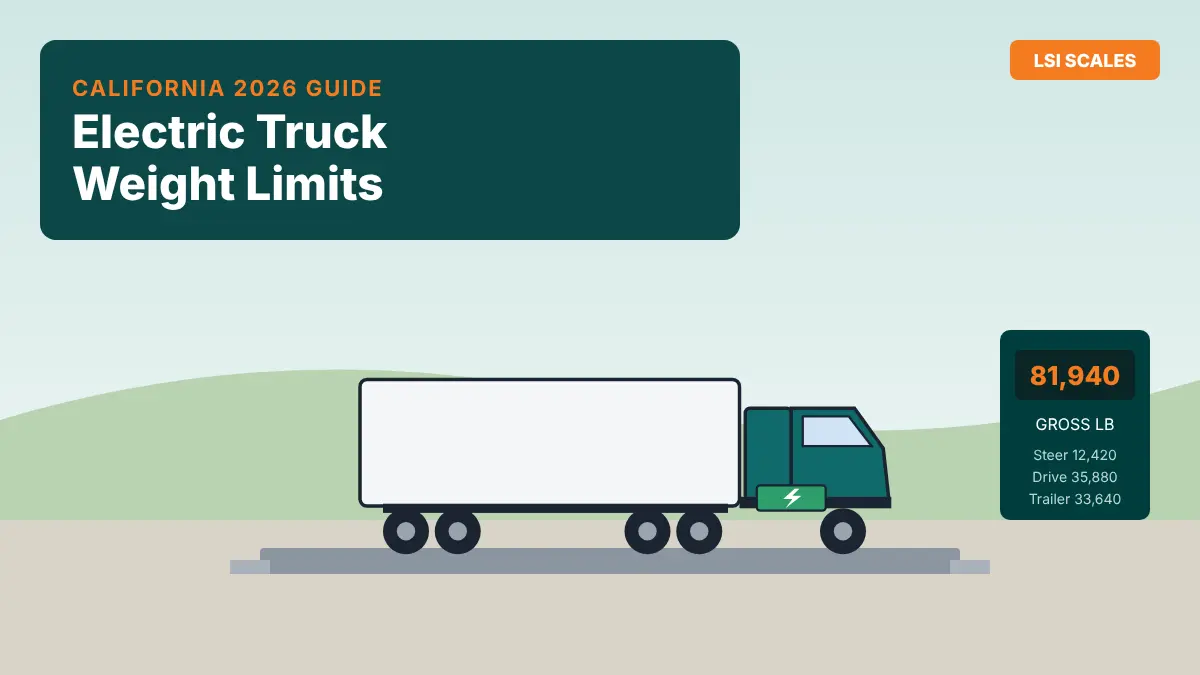 Electric semi-truck on a certified truck scale in California with a scale display showing steer, drive and trailer axle weights