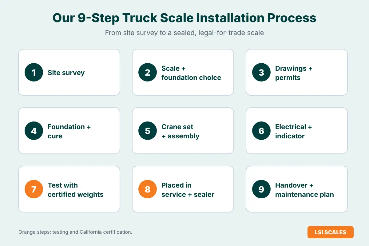 Truck Scale Installation & Replacement in California 3 Nine-step truck scale installation process from site survey and foundation to certified testing and county sealer