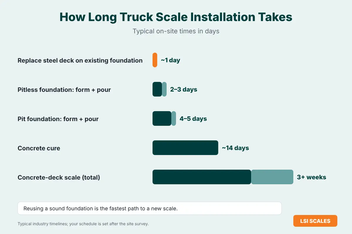 Truck Scale Installation & Replacement in California 4 Chart of truck scale installation timelines: one-day replacement, pitless and pit foundations, concrete cure and concrete decks