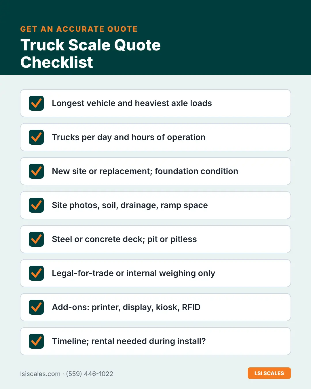 Truck scale quote checklist for California buyers covering vehicle length, traffic, foundation, deck type and add-ons