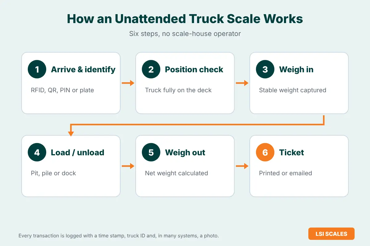 Six-step flow of an unattended truck scale: identify, position check, weigh in, load or unload, weigh out and ticket