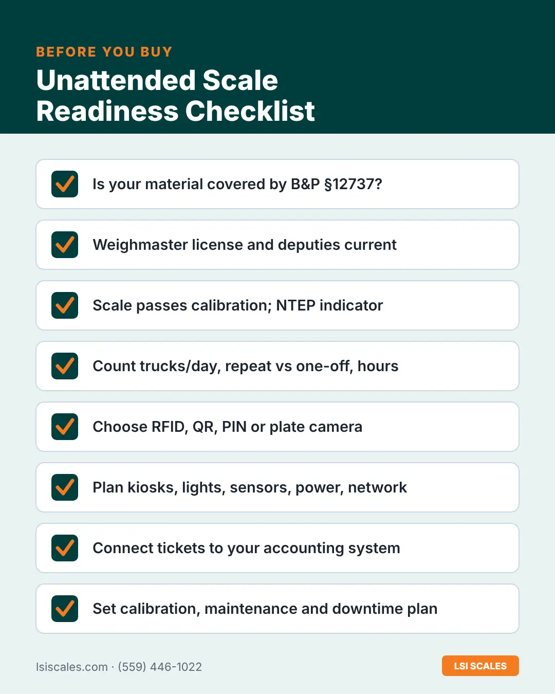 Unattended truck scale readiness checklist for California covering B&P Code 12737, weighmaster license, calibration and ID method