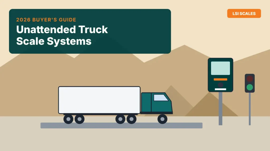 Unattended truck scale system at a California quarry with a driver kiosk and traffic light beside a semi-truck on the scale