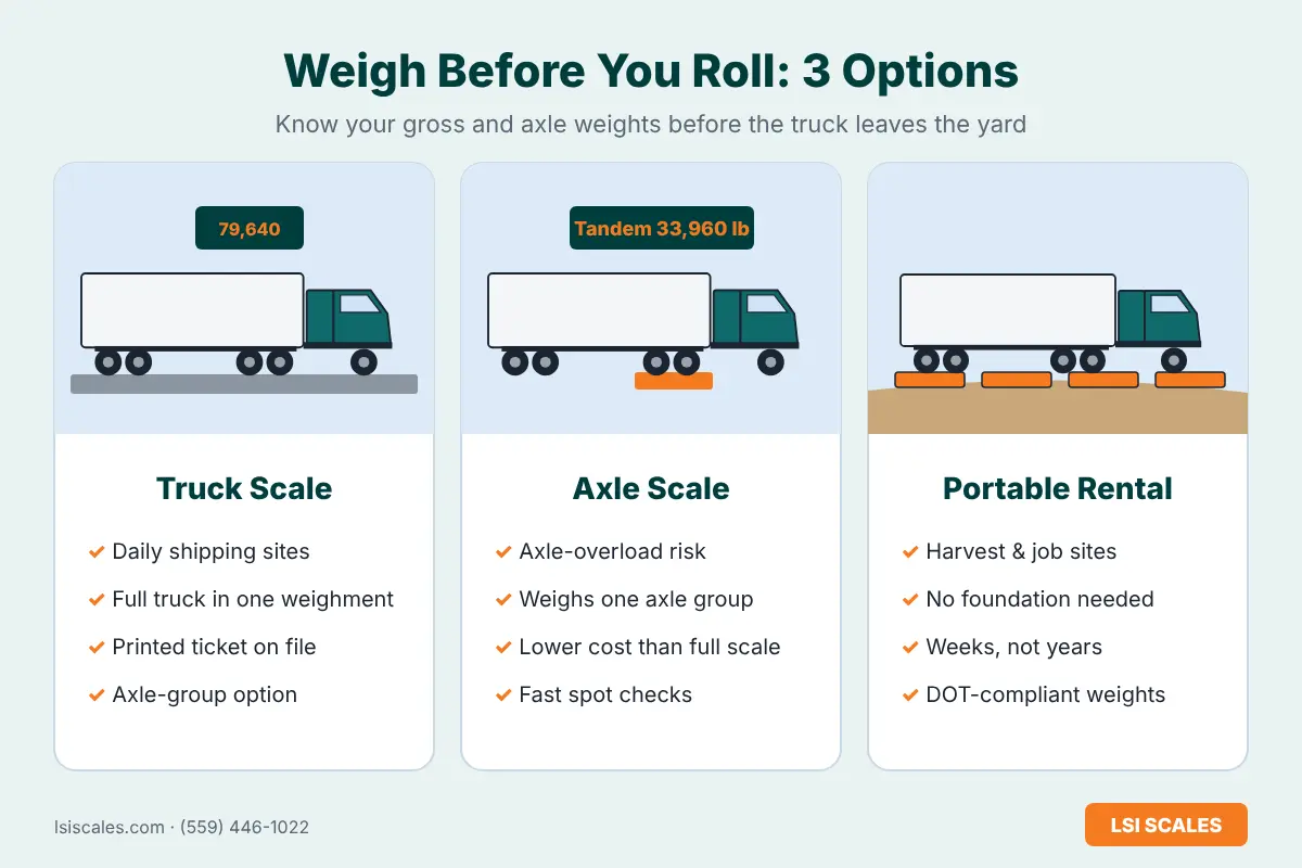 California Virtual Weigh Stations in 2026: What Caltrans' Weigh-in-Motion Pilot Means for Your Fleet 5 Three ways to weigh trucks before dispatch in California: a permanent truck scale, an axle scale and a portable truck scale rental